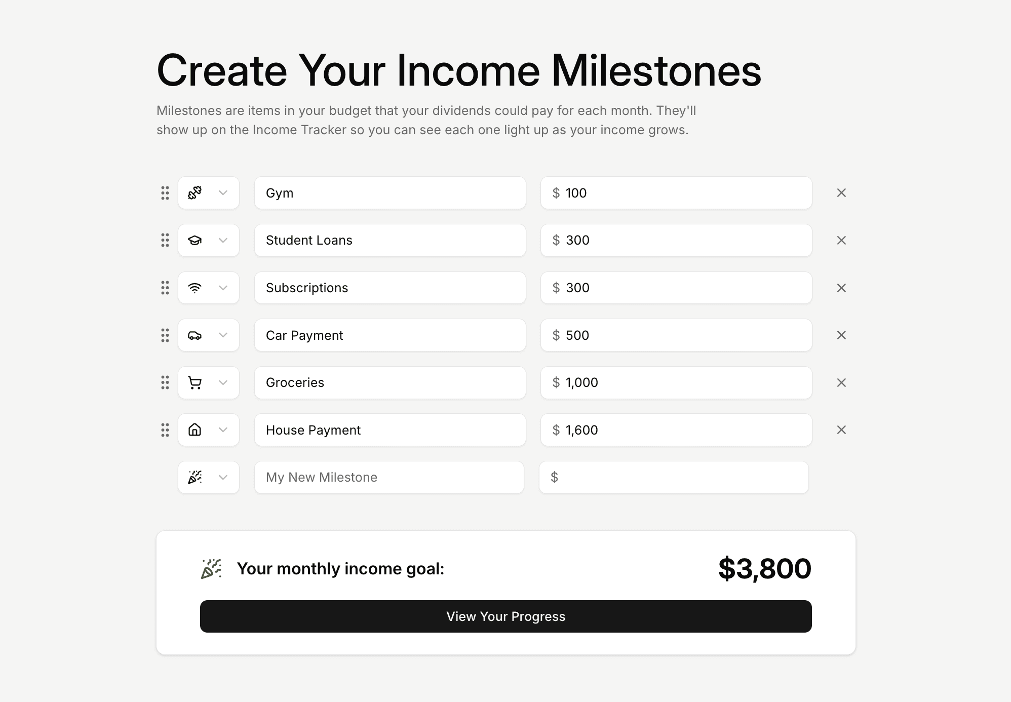 Yieldr Income Tracker User Settings